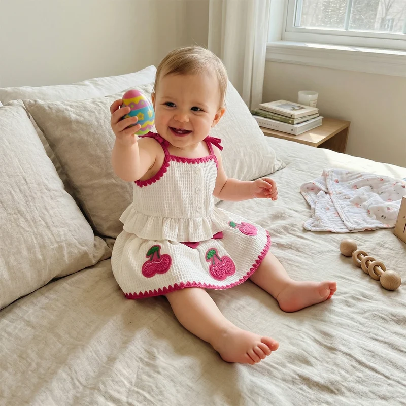 Sweet Baby Girl Summer Outfit Contrast Trim Ruffled Hem Cami Tops Cherry Applique Bow Skorts 2 Piece Girls Set