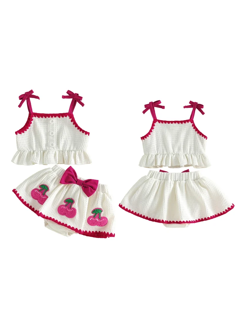 Sweet Baby Girl Summer Outfit Contrast Trim Ruffled Hem Cami Tops Cherry Applique Bow Skorts 2 Piece Girls Set