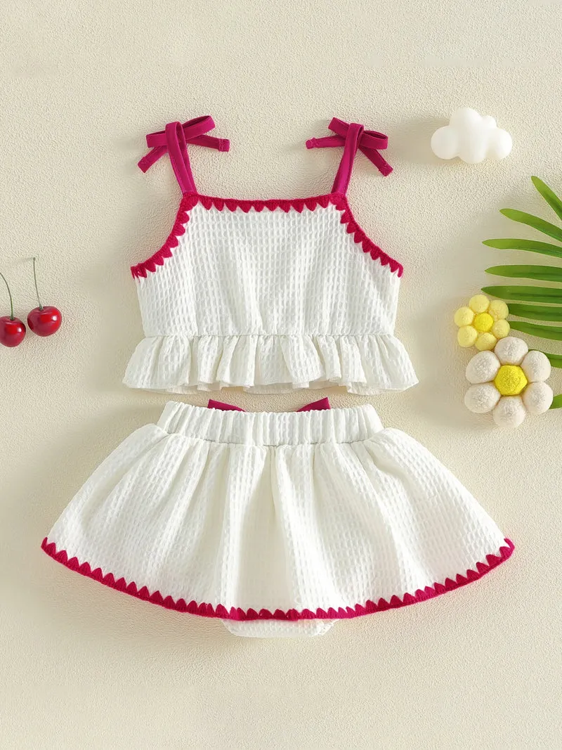 Sweet Baby Girl Summer Outfit Contrast Trim Ruffled Hem Cami Tops Cherry Applique Bow Skorts 2 Piece Girls Set