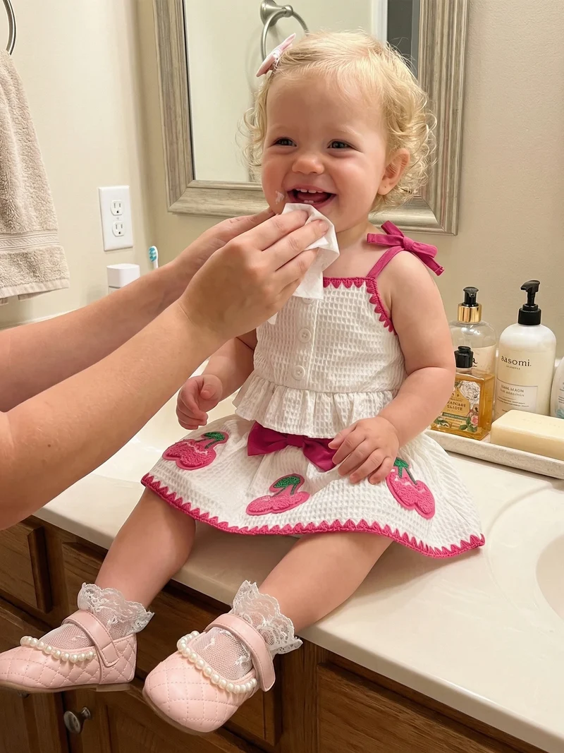 Sweet Baby Girl Summer Outfit Contrast Trim Ruffled Hem Cami Tops Cherry Applique Bow Skorts 2 Piece Girls Set