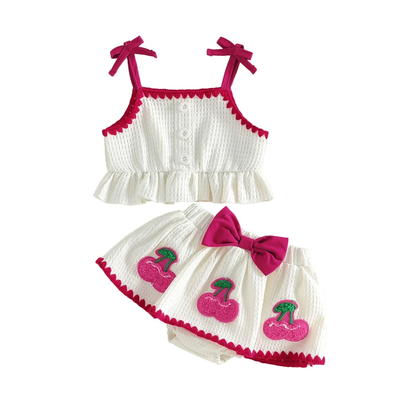 Sweet Baby Girl Summer Outfit Contrast Trim Ruffled Hem Cami Tops Cherry Applique Bow Skorts 2 Piece Girls Set