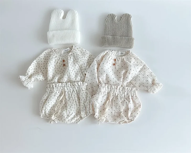 2024 Spring Newborn Floral Print Cotton Long Sleeve Tops+Shorts 2pcs Boy Girl Baby Loose Dots T-shirt Set Thin Infant Tees Suit