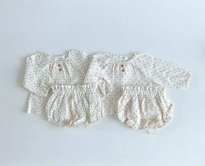 2024 Spring Newborn Floral Print Cotton Long Sleeve Tops+Shorts 2pcs Boy Girl Baby Loose Dots T-shirt Set Thin Infant Tees Suit