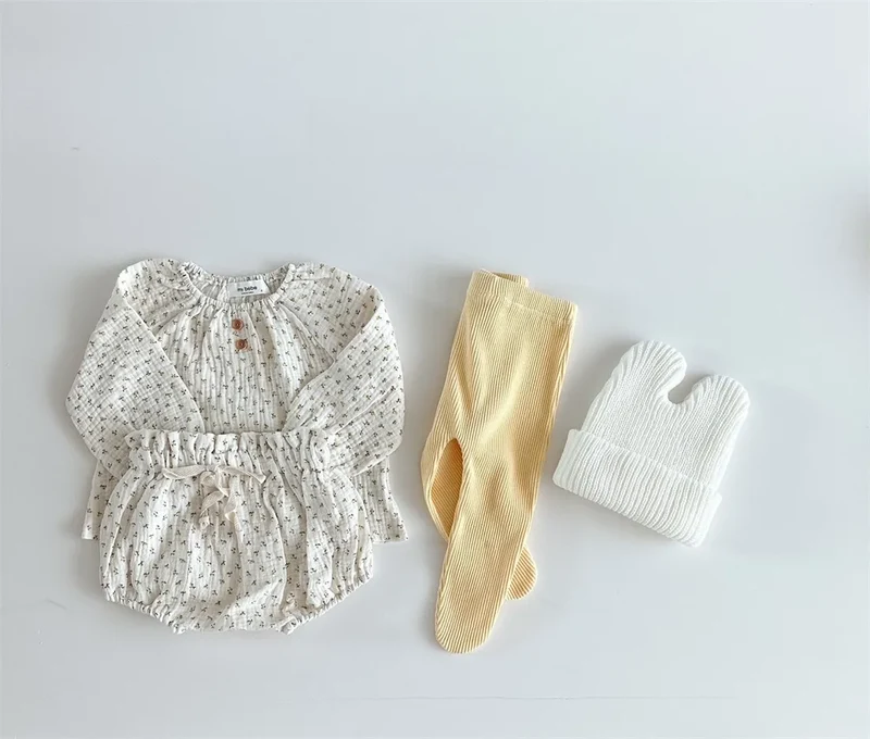 2024 Spring Newborn Floral Print Cotton Long Sleeve Tops+Shorts 2pcs Boy Girl Baby Loose Dots T-shirt Set Thin Infant Tees Suit