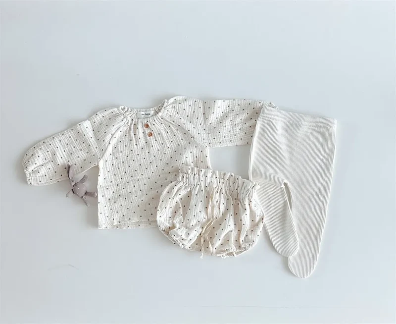2024 Spring Newborn Floral Print Cotton Long Sleeve Tops+Shorts 2pcs Boy Girl Baby Loose Dots T-shirt Set Thin Infant Tees Suit