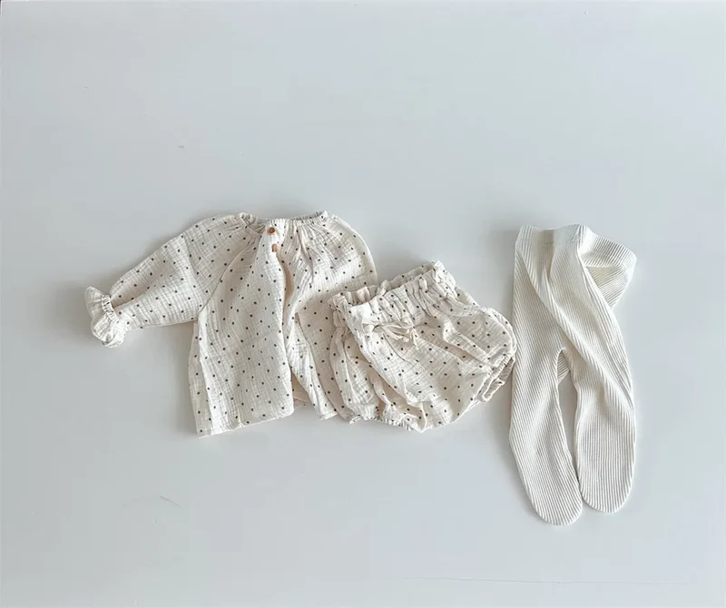 2024 Spring Newborn Floral Print Cotton Long Sleeve Tops+Shorts 2pcs Boy Girl Baby Loose Dots T-shirt Set Thin Infant Tees Suit
