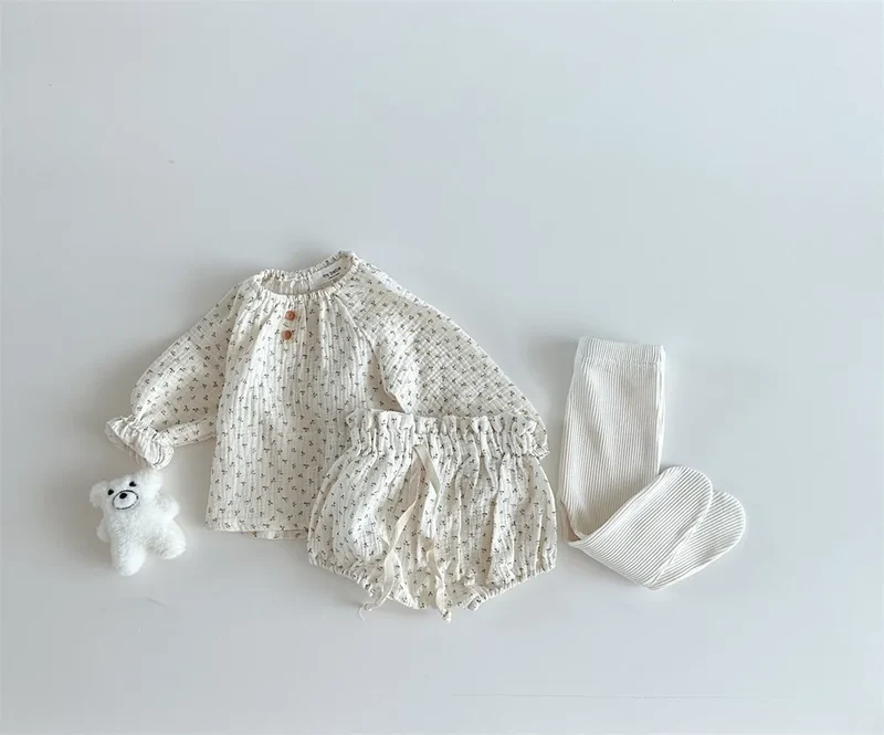 2024 Spring Newborn Floral Print Cotton Long Sleeve Tops+Shorts 2pcs Boy Girl Baby Loose Dots T-shirt Set Thin Infant Tees Suit