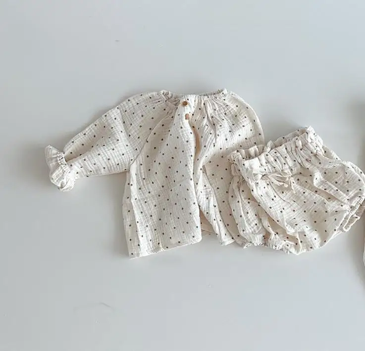 2024 Spring Newborn Floral Print Cotton Long Sleeve Tops+Shorts 2pcs Boy Girl Baby Loose Dots T-shirt Set Thin Infant Tees Suit