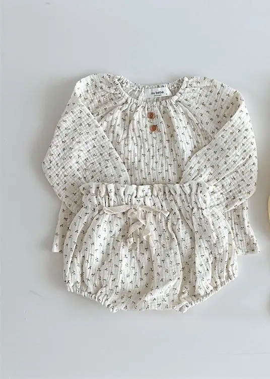 2024 Spring Newborn Floral Print Cotton Long Sleeve Tops+Shorts 2pcs Boy Girl Baby Loose Dots T-shirt Set Thin Infant Tees Suit