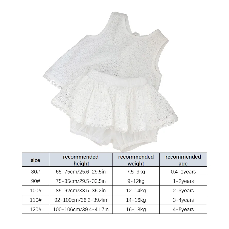 2Pcs Summer Kids Girl White Dress Sets Korean Princess Baby Sleeveless Skirt Hollow Cotton Chidlren Outfits Two Pieces Clothes