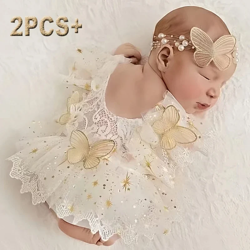2Pcs Newborn Photography Outfit Baby Girl Butterfly Glitter Star Lace Romper With Pearl Headband Infant Photo Props