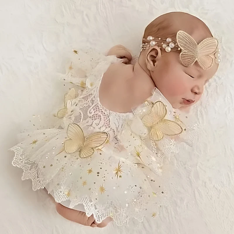 2Pcs Newborn Photography Outfit Baby Girl Butterfly Glitter Star Lace Romper With Pearl Headband Infant Photo Props