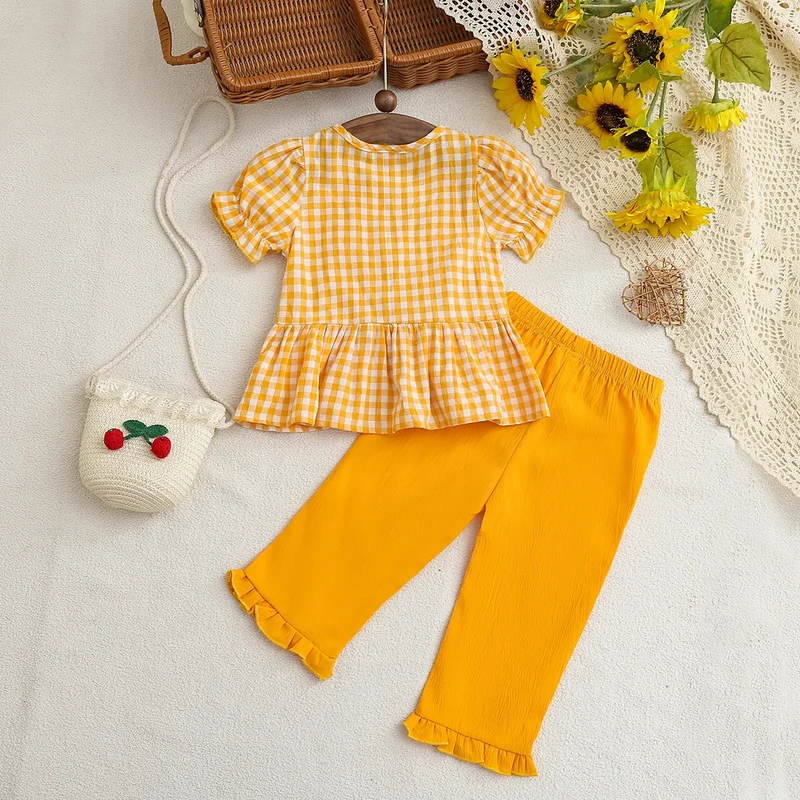 Summer Newborn Girl Yellow Plaid Bow Tie Outfit Baby Clothing Set Infant Girl's Summer Fashion Look