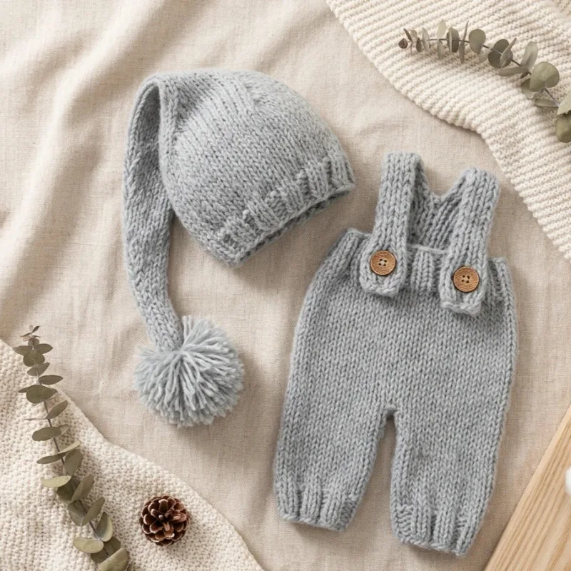 2pcs Newborn Baby Photography Props Knitted Romper Hat Set Handmade Photo Shoot Outfit Infant Studio Accessories Clothes