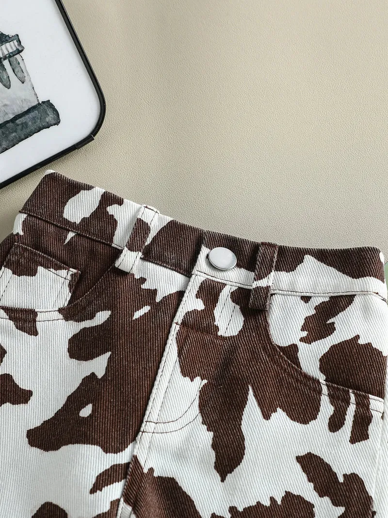 New Classic Black & White Cow Print Denim Pants with Button Waist & Pockets, Breathable & Comfortable for Baby Girls' Daily & Ca