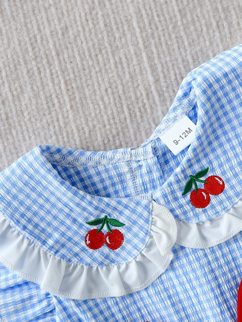 Summer Baby Girls 2Pcs Set 9-12M Blue Gingham Cherry Embroidered Ruffle Top & Bloomers Infant Casual Daily Wear
