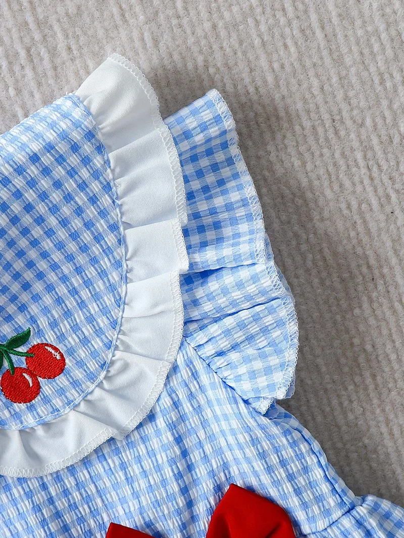 Summer Baby Girls 2Pcs Set 9-12M Blue Gingham Cherry Embroidered Ruffle Top & Bloomers Infant Casual Daily Wear