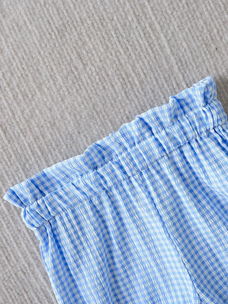 Summer Baby Girls 2Pcs Set 9-12M Blue Gingham Cherry Embroidered Ruffle Top & Bloomers Infant Casual Daily Wear