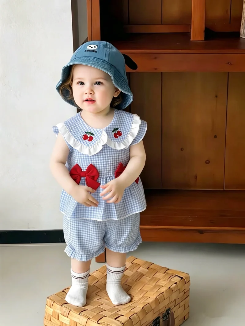 Summer Baby Girls 2Pcs Set 9-12M Blue Gingham Cherry Embroidered Ruffle Top & Bloomers Infant Casual Daily Wear