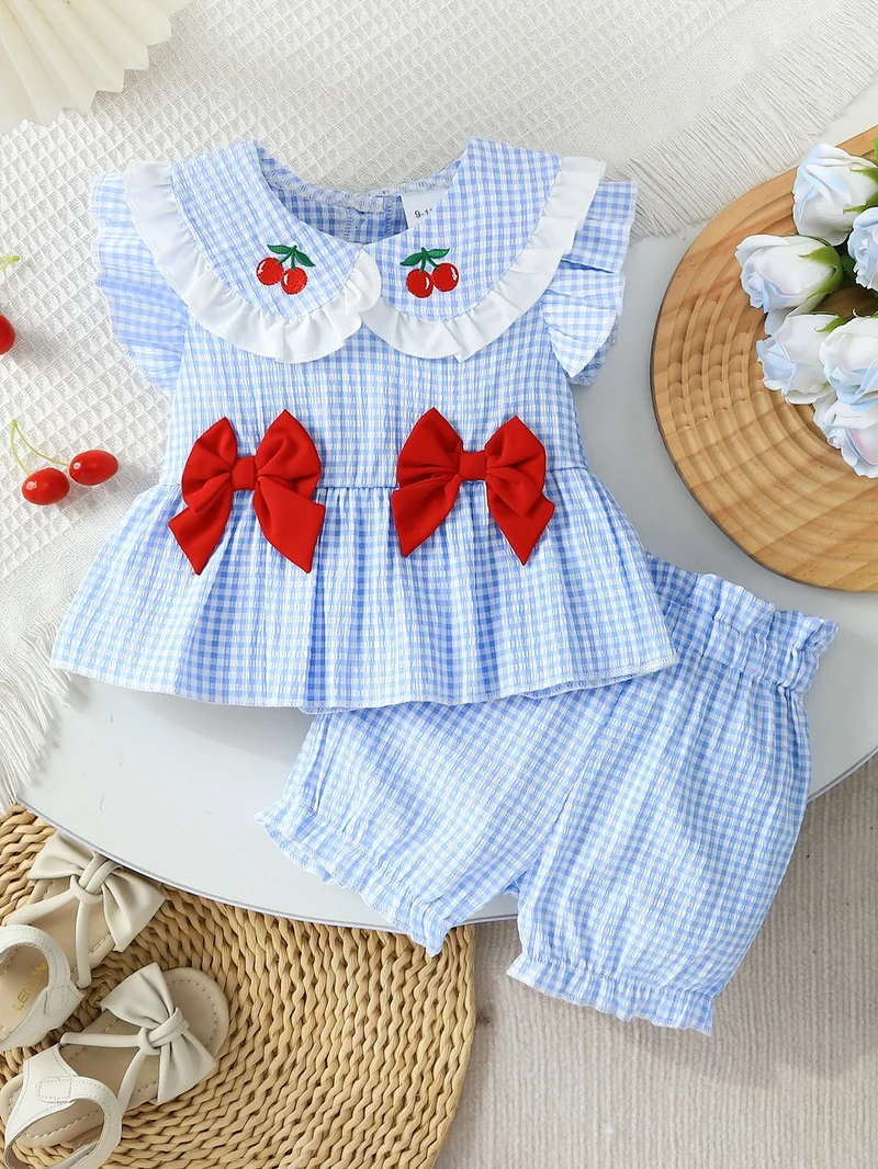 Summer Baby Girls 2Pcs Set 9-12M Blue Gingham Cherry Embroidered Ruffle Top & Bloomers Infant Casual Daily Wear