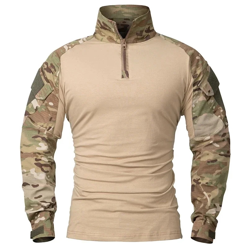 Outdoor Long Sleeve Tactical Shirts Combat Shirt 1/4 Zipper Ripstop Cotton Wear-resisting Camo Airsoft T Shirts Men Clothing
