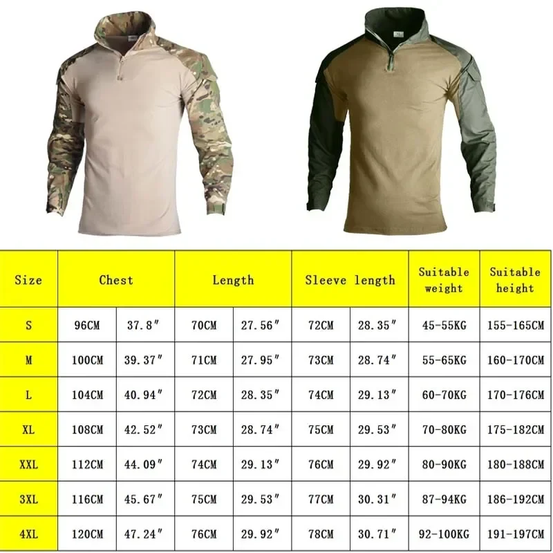 Outdoor Long Sleeve Tactical Shirts Combat Shirt 1/4 Zipper Ripstop Cotton Wear-resisting Camo Airsoft T Shirts Men Clothing