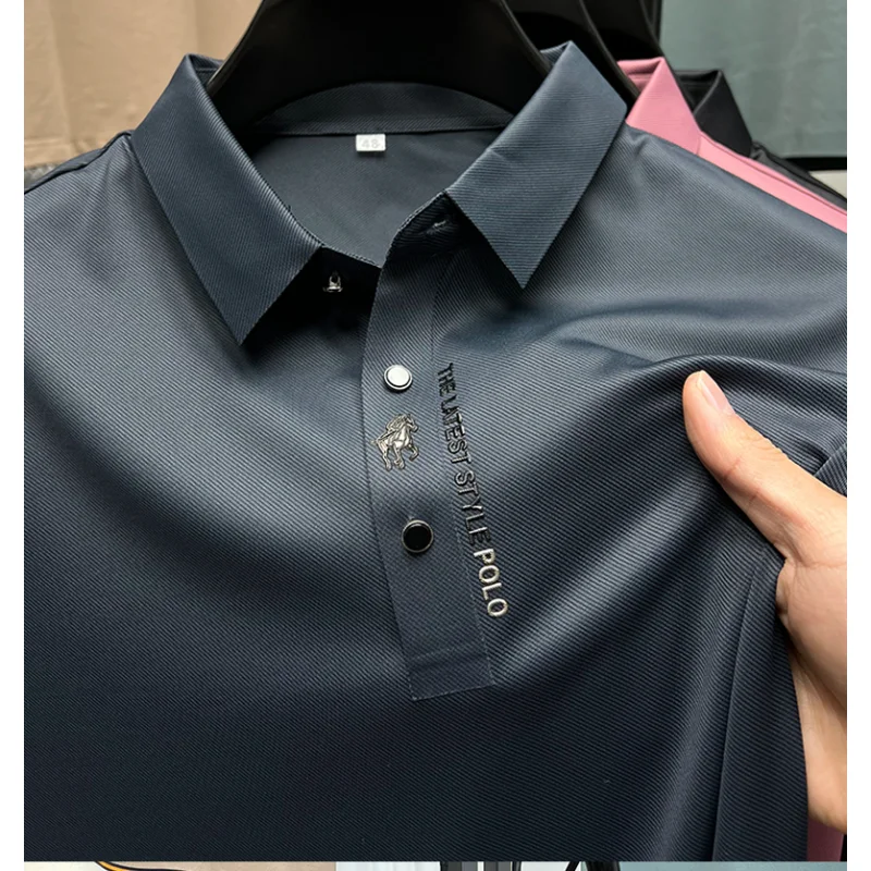 High End Brand New Summer Solid Color Silk Cotton High-quality Short Sleeved Polo Men's Fashionable Business Seamless Casual Top