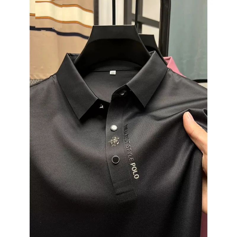 High End Brand New Summer Solid Color Silk Cotton High-quality Short Sleeved Polo Men's Fashionable Business Seamless Casual Top