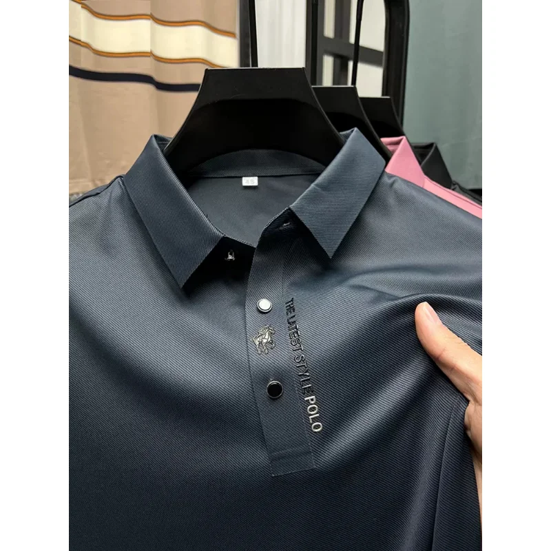 High End Brand New Summer Solid Color Silk Cotton High-quality Short Sleeved Polo Men's Fashionable Business Seamless Casual Top