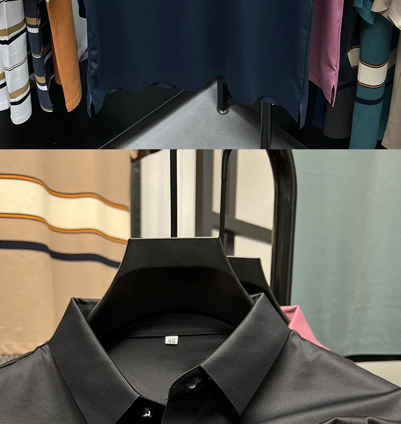 High End Brand New Summer Solid Color Silk Cotton High-quality Short Sleeved Polo Men's Fashionable Business Seamless Casual Top
