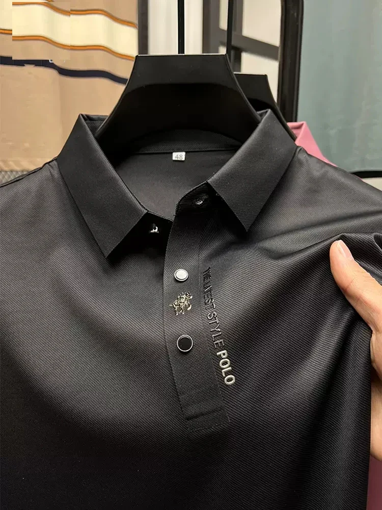 High End Brand New Summer Solid Color Silk Cotton High-quality Short Sleeved Polo Men's Fashionable Business Seamless Casual Top