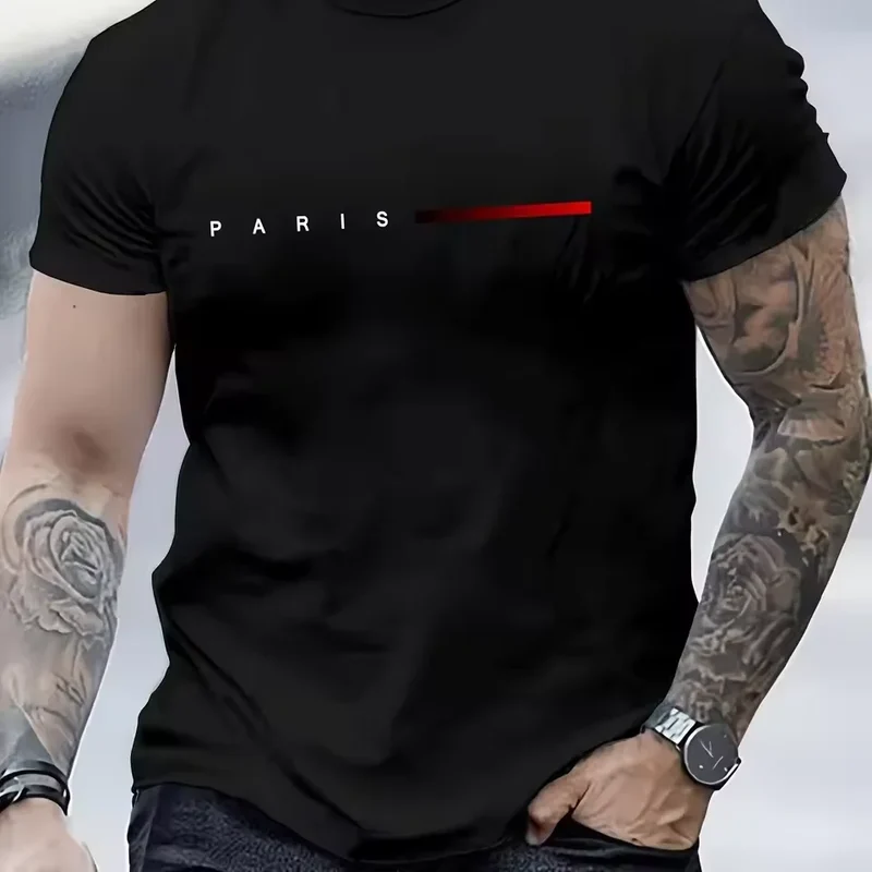Men's 100% Cotton Summer Loose PARIS Creative Letter Print Casual Slim Fit Round Neck Short Sleeved T-shirt Top