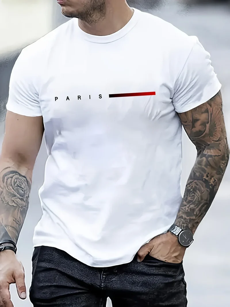 Men's 100% Cotton Summer Loose PARIS Creative Letter Print Casual Slim Fit Round Neck Short Sleeved T-shirt Top