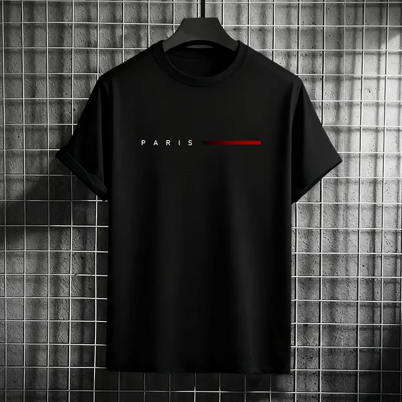 Men's 100% Cotton Summer Loose PARIS Creative Letter Print Casual Slim Fit Round Neck Short Sleeved T-shirt Top