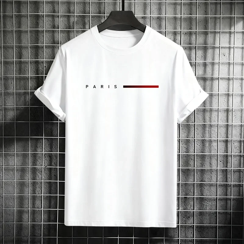 Men's 100% Cotton Summer Loose PARIS Creative Letter Print Casual Slim Fit Round Neck Short Sleeved T-shirt Top