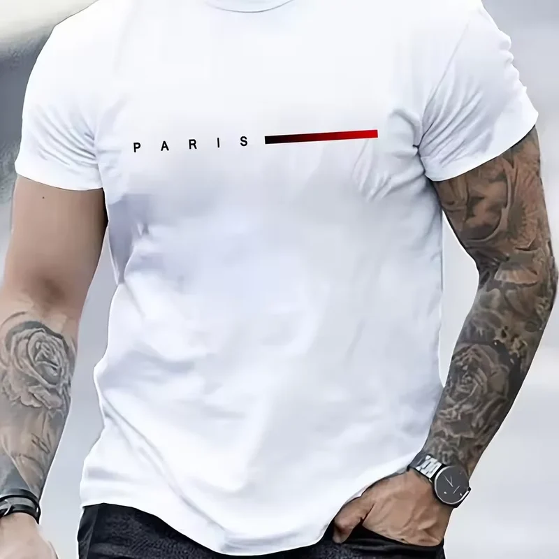 Men's 100% Cotton Summer Loose PARIS Creative Letter Print Casual Slim Fit Round Neck Short Sleeved T-shirt Top