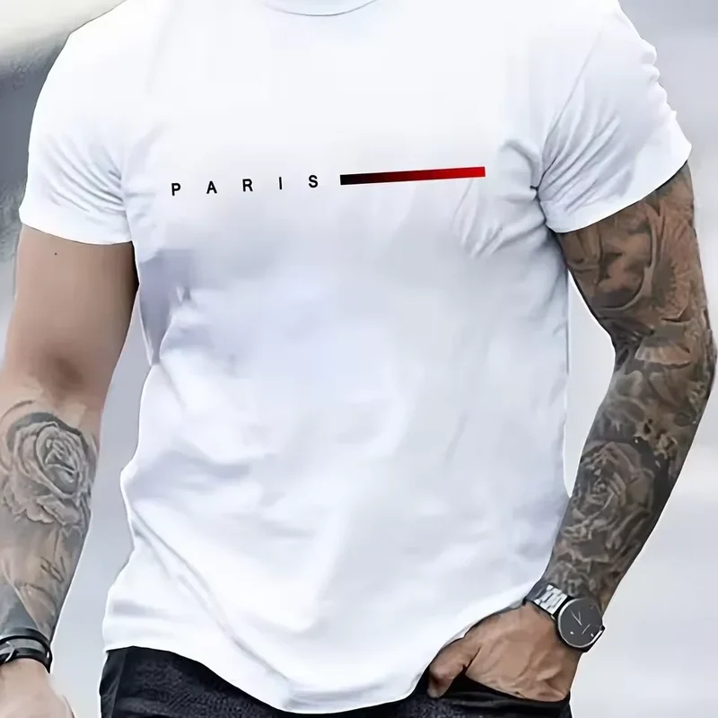 Men's 100% Cotton Summer Loose PARIS Creative Letter Print Casual Slim Fit Round Neck Short Sleeved T-shirt Top