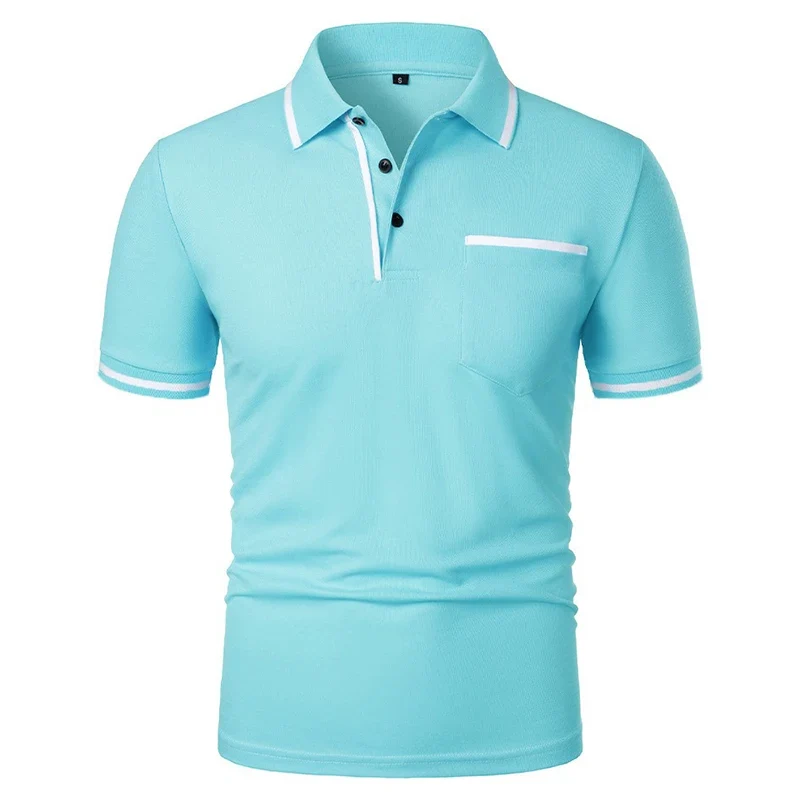 New Men's Short Sleeve Polo Shirts Solid Color Casual T-shirt Summer Trendy Breathable Loose Basic Splice Top Pockets Men Shirts