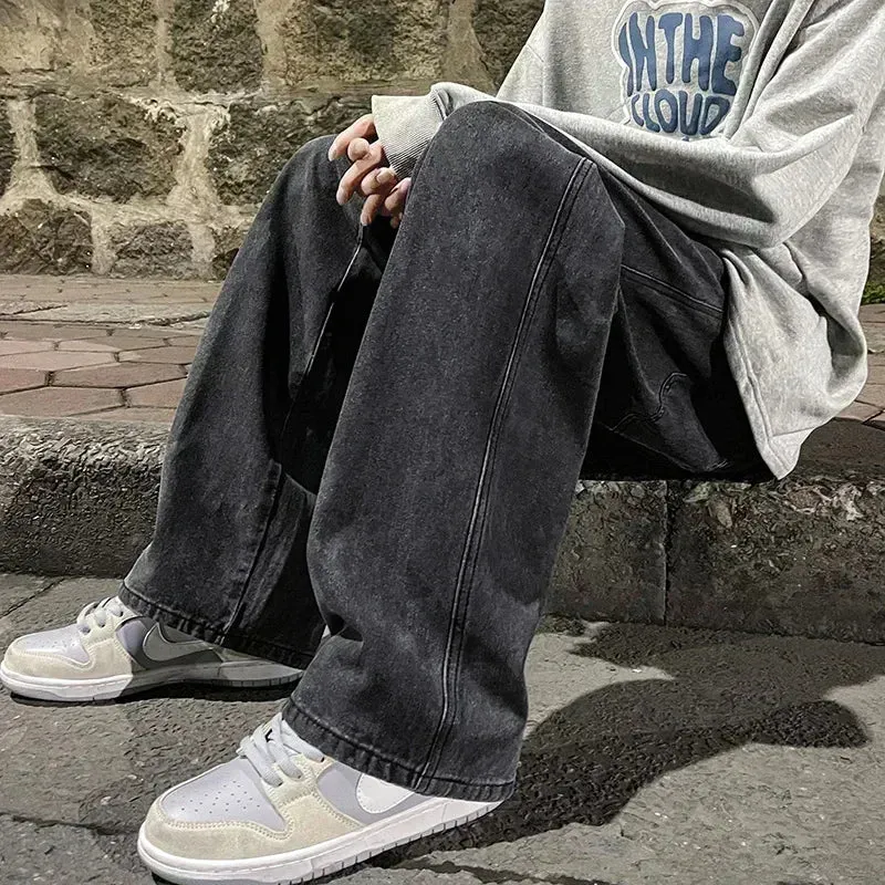 New Streetwear Loose Jeans Men Korean Style Fashion Loose Straight Wide Leg Pants Men's Brand Clothing Black Light Blue