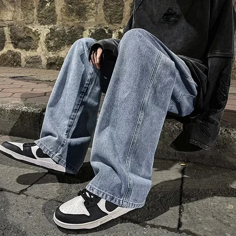 New Streetwear Loose Jeans Men Korean Style Fashion Loose Straight Wide Leg Pants Men's Brand Clothing Black Light Blue