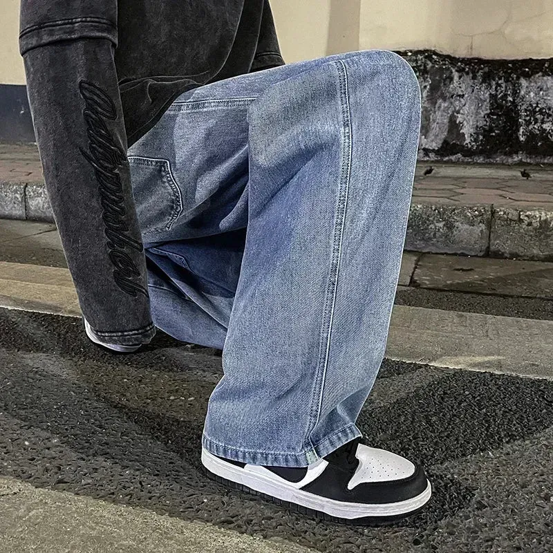 New Streetwear Loose Jeans Men Korean Style Fashion Loose Straight Wide Leg Pants Men's Brand Clothing Black Light Blue