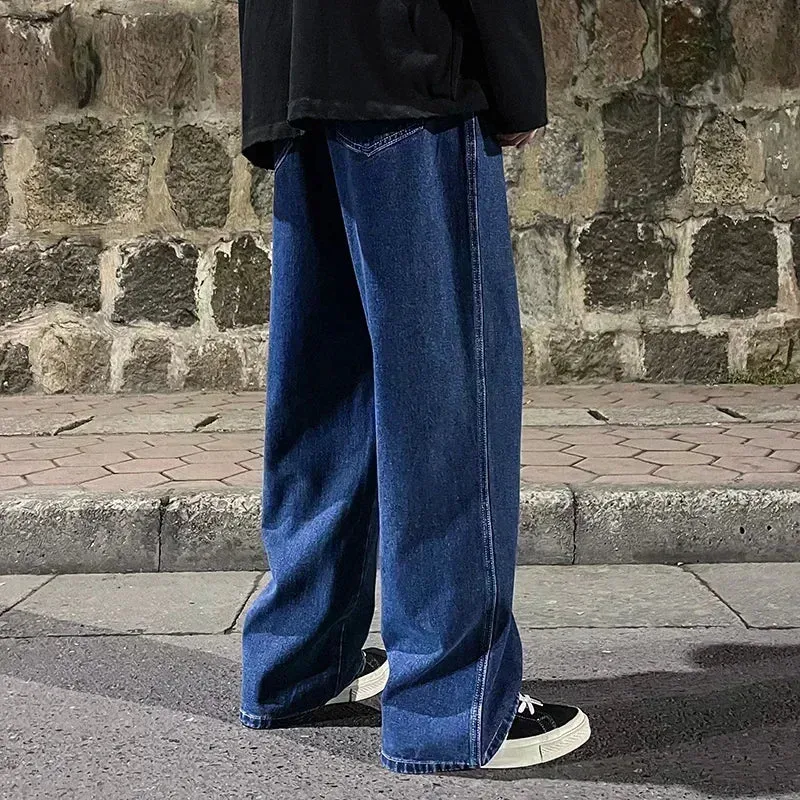 New Streetwear Loose Jeans Men Korean Style Fashion Loose Straight Wide Leg Pants Men's Brand Clothing Black Light Blue