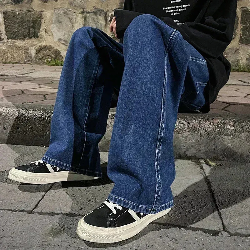 New Streetwear Loose Jeans Men Korean Style Fashion Loose Straight Wide Leg Pants Men's Brand Clothing Black Light Blue