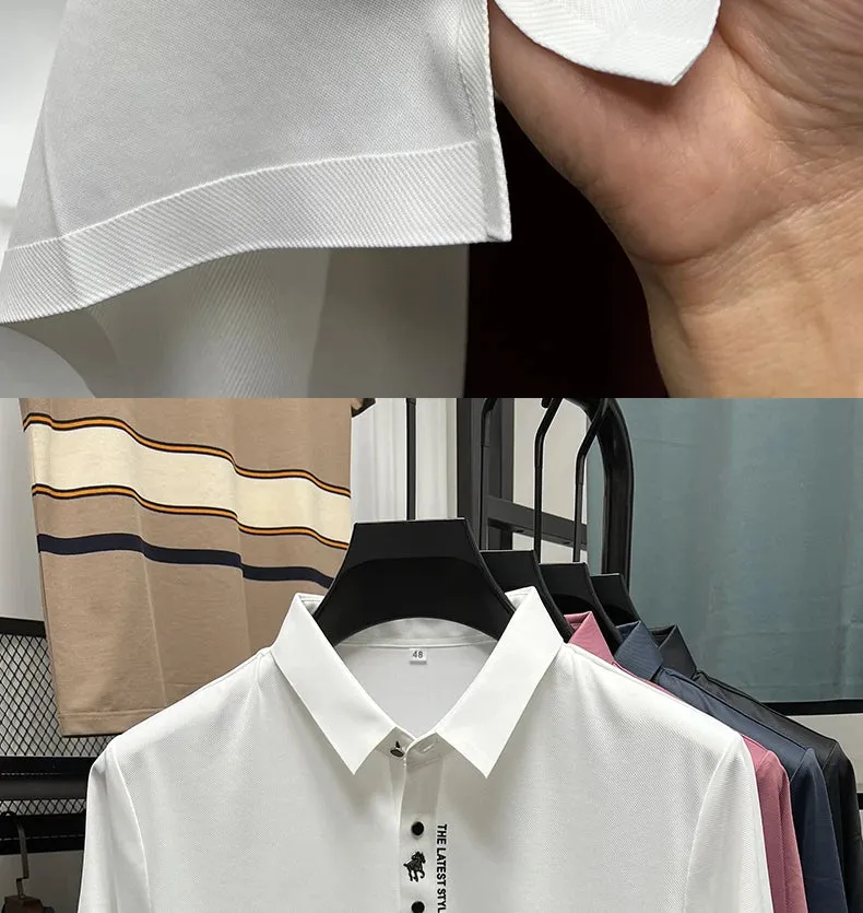 High End Brand New Summer Solid Color Silk Cotton High-quality Short Sleeved Polo Men's Fashionable Business Seamless Casual Top