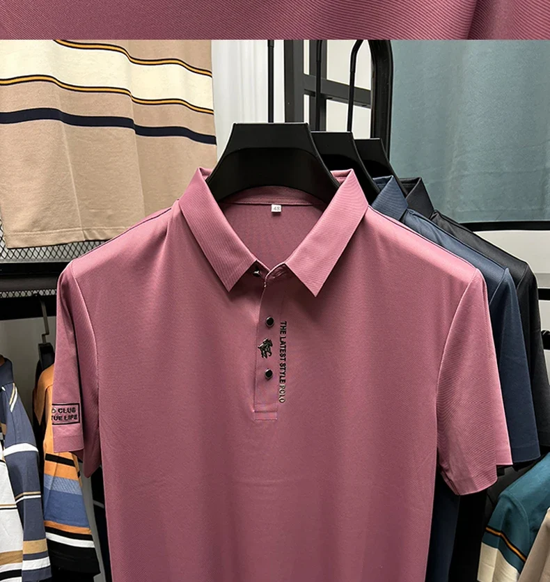 High End Brand New Summer Solid Color Silk Cotton High-quality Short Sleeved Polo Men's Fashionable Business Seamless Casual Top