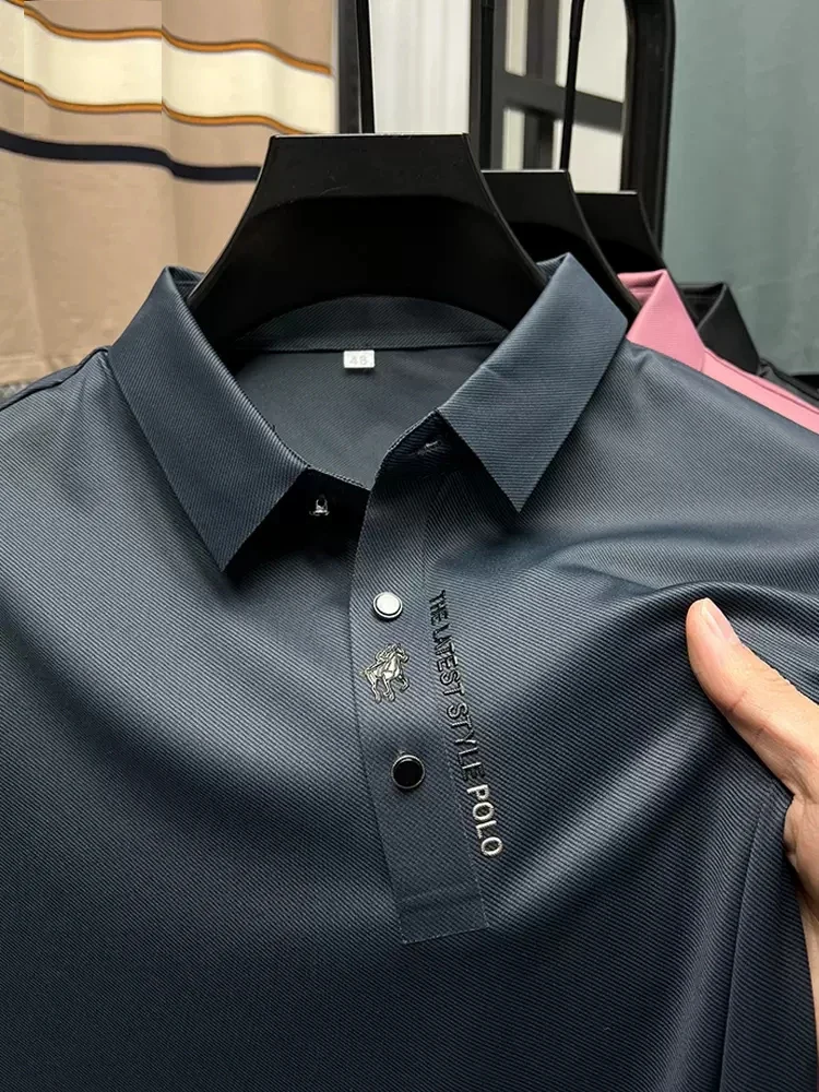 High End Brand New Summer Solid Color Silk Cotton High-quality Short Sleeved Polo Men's Fashionable Business Seamless Casual Top