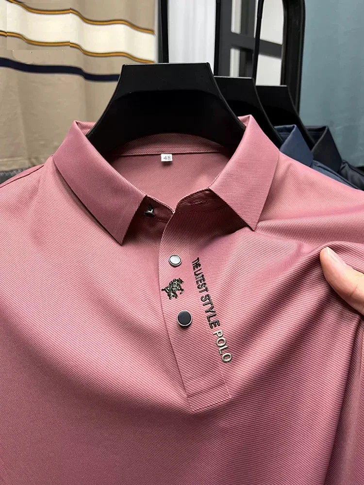 High End Brand New Summer Solid Color Silk Cotton High-quality Short Sleeved Polo Men's Fashionable Business Seamless Casual Top