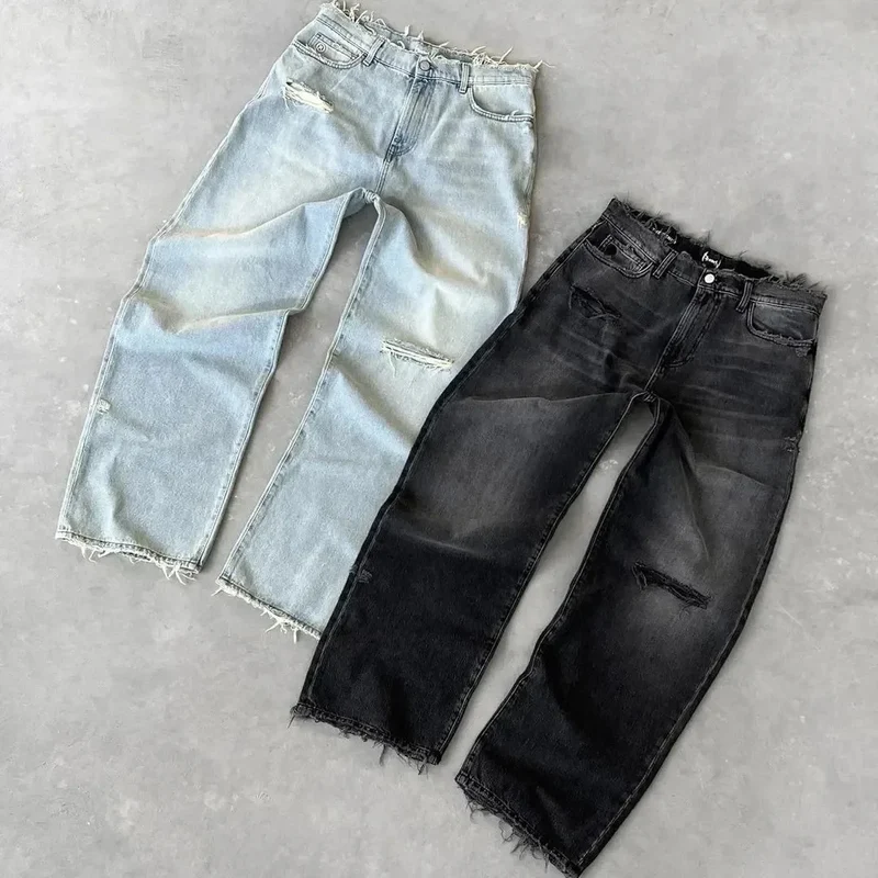 Straight Jeans Distressed Men Jean Ripped Holes Washed Denim Pants Ankle Length Loose Solid Zipper Fly Pockets Casual 2025