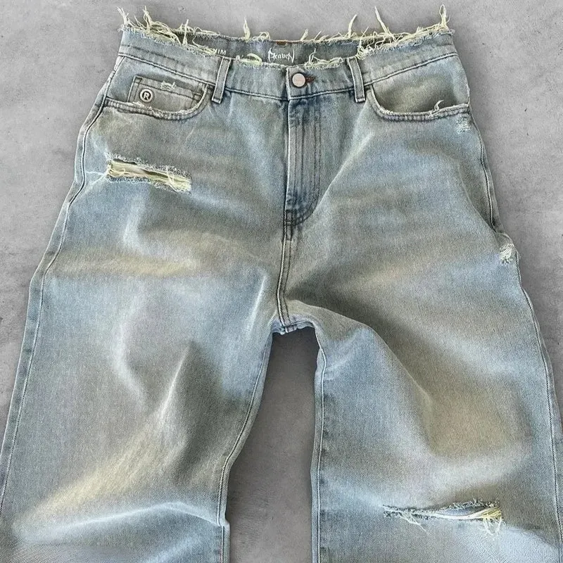 Straight Jeans Distressed Men Jean Ripped Holes Washed Denim Pants Ankle Length Loose Solid Zipper Fly Pockets Casual 2025