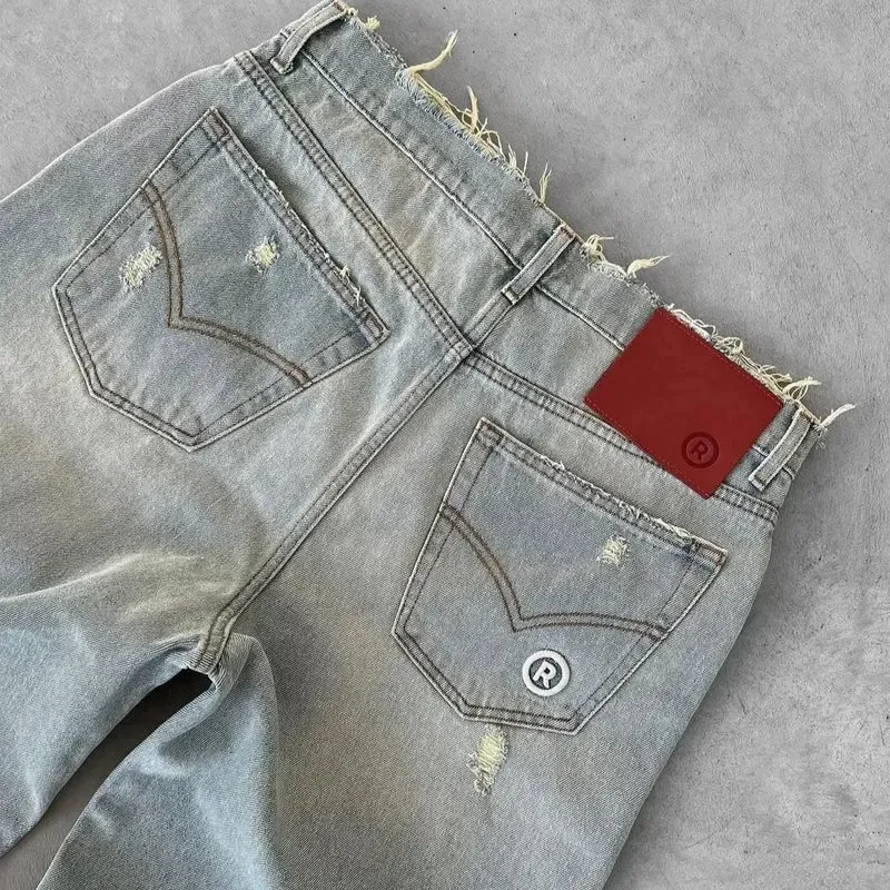 Straight Jeans Distressed Men Jean Ripped Holes Washed Denim Pants Ankle Length Loose Solid Zipper Fly Pockets Casual 2025